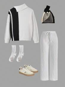 Jersey de cuello alto de bloques de color negro y blanco, jersey casual de invierno grueso de manga larga con textura de pelo de ciervo esponjoso, adecuado para salidas, fiestas y compras