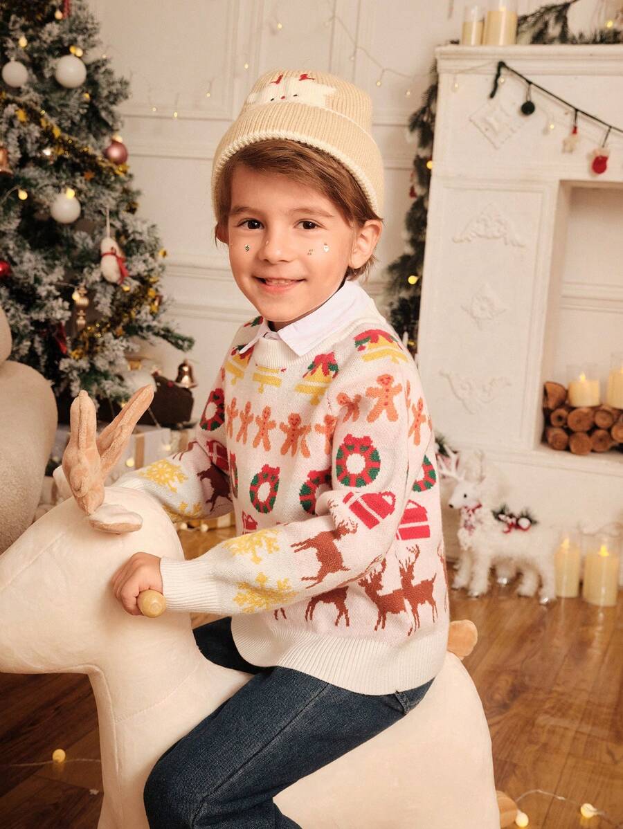 SHEIN Suéter navideño de cuello redondo de manga larga con patrón de ...