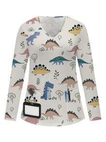 PopScrub V-Neck Cartoon Print Pocketed Long Sleeve Uniform Scrub Top - Multicolor - View 3