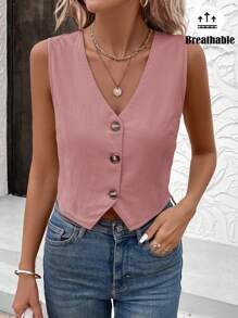 SHEIN LUNE Blusa tipo chaleco con diseño de botones delanteros y cuello en V de unicolor para dama de oficina - Rosa vieja - Ver 5