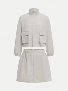 SHEIN Tween Girls Navy Blue Windbreaker, Skirt, Leggings Pocket Outdoor Sports Simple Commuter Woven Outfit