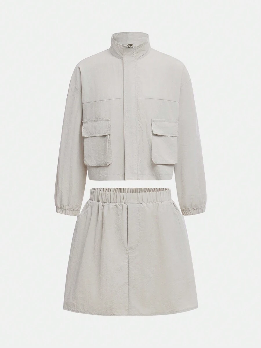 SHEIN Tween Girls Navy Blue Windbreaker, Skirt, Leggings Pocket Outdoor Sports Simple Commuter Woven Outfit