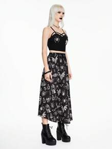 ROMWE Goth 哥特骷髅印花女士交叉设计露脐上衣和半裙两件套 - 黑色 - 查看 5
