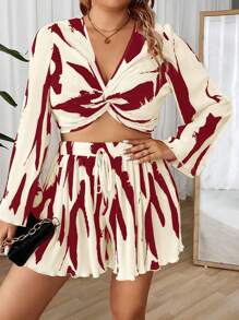 SHEIN Clasi 2pcs Plus Size Twist Top With All-Over Print & Skirt Set Fall Cloth For Women - Burgundy - View 3