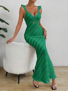 Chiquease Women's Vacation Solid Color Patchwork Ruffle Hem Long Fitted Elegant Dress - Green - View 5