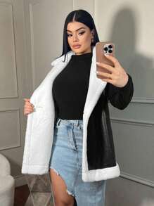 SHEIN SXY Autumn/Winter Warm Padded PU Leather & Fluffy Vest - Black and White - View 6