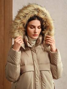 Anewsta Women's Long Khaki Coat With Detachable Fur Collar