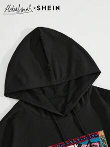 Seusyu 女士抽象人脸印花抽绳连帽宽松休闲卫衣，秋冬季，休闲舒适套头衫 - 黑色 - 查看 4