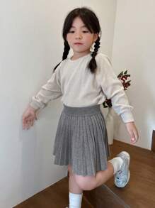 Dazy Kids Young Girl Solid Color Elastic Waist Casual Sweater & Pleated Mini Skirt Set