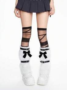 ROMWE Anime 1 Set Includes: 1 Pair White Bow Furry Leg Warmers + 1 Pair Over-The-Knee Socks + 2 Pairs Leg Rings, Y2K Punk Style Accessories For Women - Black and White - View 2