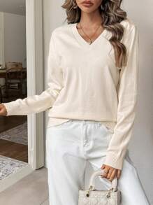 SHEIN Frenchy Damen Einfarbiger V-Ausschnitt Langarm Pullover mit Hohlmuster und Patchwork, Lässig Alltags Tragen, Spitzen Einsätze Herbst Damen Pullover, Herbst Damen Pullover, Damen Langarm Winter Outfits auf links, Herbst Damen Oberteile, Herbst Pullover, Damen Langarm Winter Oberteile , Aprikot Pullover - Aprikosenfarben - Übersicht 2