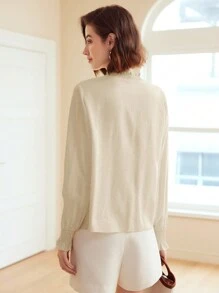 MOTF PREMIUM LINEN CONTRAST EMBROIDERY FLORAL SHIRRED FRILL MOCK NECK FLARE SLEEVE BLOUSE