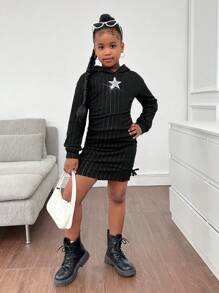 SHEIN Vestido largo con capucha de niña preadolescente, decorado con estrellas brillantes, para otoño/invierno, diseño esponjoso y grueso