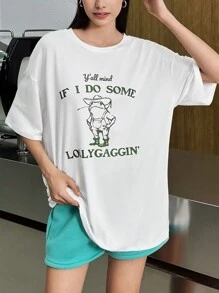 INAWLY 女士夏季卡通动物印花口号圆领短袖休闲 T 恤 Y'all Mind IF I DO SOME LOLLYGAGGIN' 图案 T 恤女式上衣 - 白色 - 查看 7