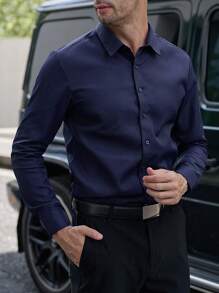 Manfinity Mode Camisa casual de manga larga de unicolor para hombres para uso comercial/diario, primavera y otoño