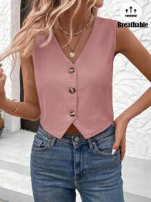SHEIN LUNE Blusa tipo chaleco con diseño de botones delanteros y cuello en V de unicolor para dama de oficina - Rosa vieja - Ver 3
