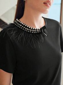 MOTF PREMIUM 纯色人造珍珠和水钻装饰蓬松细节短袖 T 恤