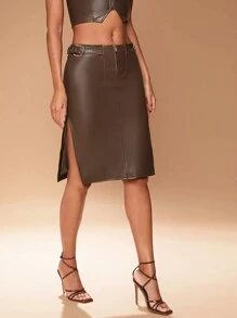 SHEIN Unity PU Leather Midi Skirt With Belt Details - Brown - View 1