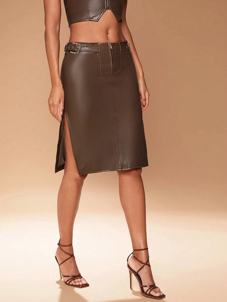SHEIN Unity PU Leather Midi Skirt With Belt Details - Brown - View 1