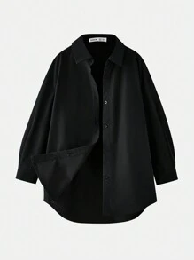 SHEIN Tween Girl  Solid Color Loose Long Sleeve Shirt + Camisole + Shorts 3pcs Casual Outfit Set - Black - View 12