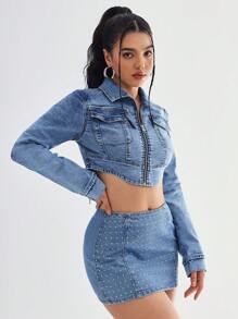 SHEIN EZwear جاكيت جينز قصيرة مع جيوب متعددة الأكمام طويلة للنساء في الربيع والخريف