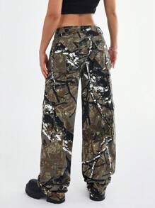 SHEIN EZwear Pantalones vaqueros casuales anchos de pierna ancha con bolsillos utilitarios de estampado total para mujeres