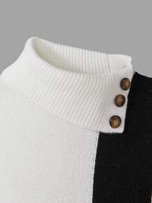 Jersey de cuello alto de bloques de color negro y blanco, jersey casual de invierno grueso de manga larga con textura de pelo de ciervo esponjoso, adecuado para salidas, fiestas y compras