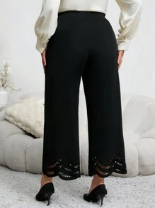EMERY ROSE 大码女式高腰优雅直筒黑色提花裤，秋季女装 - 黑色 - 查看 2