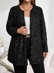 EMERY ROSE Áo khoác cardigan dáng rộng màu trơn hở phía trước hở kim sa cỡ lớn cho mùa xuân và mùa thu, quần áo nữ mùa thu - màu đen - Xem 9