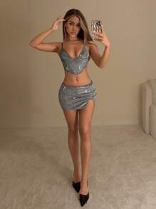 SHEIN ICON 狂欢节服装女款两件套：带钢圈的文胸上衣和高开叉下摆裙子 - 銀色 - 查看 3