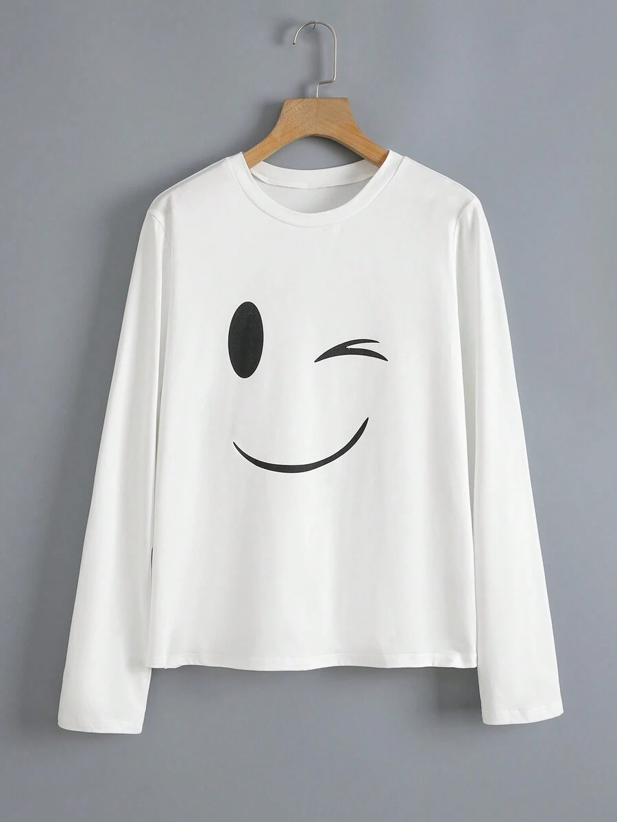 SHEIN LUNE 女士休闲圆领长袖印花 T 恤 - 白色 - 查看 1