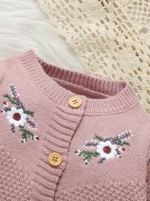 Baby Girl Floral Embroidered Knit Jumpsuit, Spring Autumn - Pink - View 4