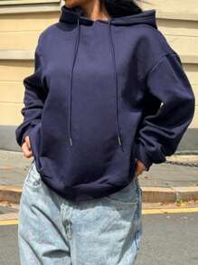 SHEIN EZwear Plus Size Casual Simple 14 Print Drop Shoulder Drawstring Hoodie Sweatshirt For Women, Thick For Autumn And Winter