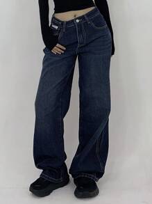 DAZY Women Front Button Closure Multi-Pocket Simple Baggy Jeans, Casual Daily Wear,Back To School Clothes - Medium Wash - View 2