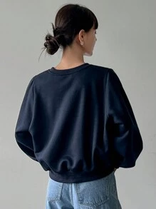 DAZY 女式纯色圆领长袖宽松休闲羊毛运动衫秋冬季 - 藏蓝色 - 查看 5