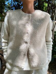 DAZY 女士休闲无袖仿羊羔绒背心外套，秋季女装外套 - 米色 - 查看 8