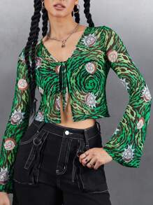 Rick and Morty X SHEIN 女士全印花喇叭袖打结短款上衣 - 綠色 - 查看 3