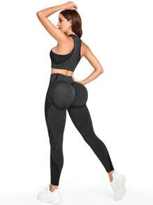 SHEIN Sports Bộ đồ tập luyện & yoga liền mạch 2 món/bộ đồ thể thao tập luyện cho nữ Bộ đồ bó cho nữ - màu đen - Xem 2