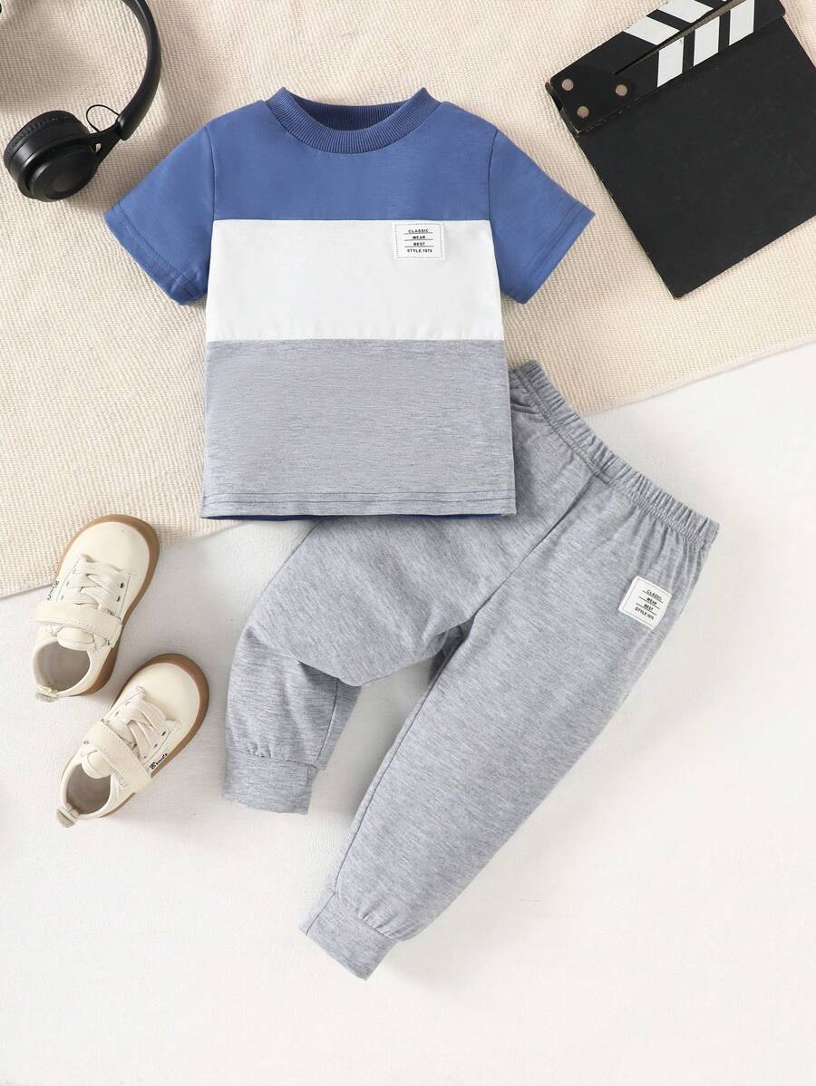 SHEIN Playful Pals Bộ quần áo thun và quần dài phối màu thường ngày cho bé trai - Màu xanh bụi bặm - Xem 1