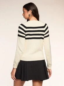 Zolique 女士休闲简约圆领黑白条纹长袖毛衣，针织套头衫，秋冬款 - 白色 - 查看 2