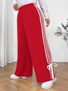 SHEIN EZwear 情人节，秋冬大码女式红色侧边带拼接白条纹裤 - 紅色 - 查看 4