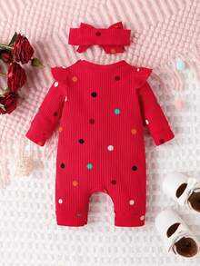 Bộ đồ liền thân thường ngày cổ tròn tay dài in họa tiết chấm bi cho bé gái - Đỏ - Xem 2