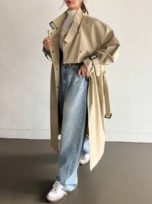 Dazy-Less Women's Casual Business Patchwork Trench Coat - Khaki - View 1