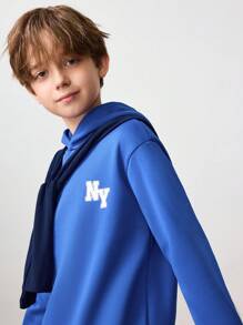 SHEIN Leap Crew 青少年男孩字母印花保暖连帽运动衫，休闲百搭，适合春秋季节