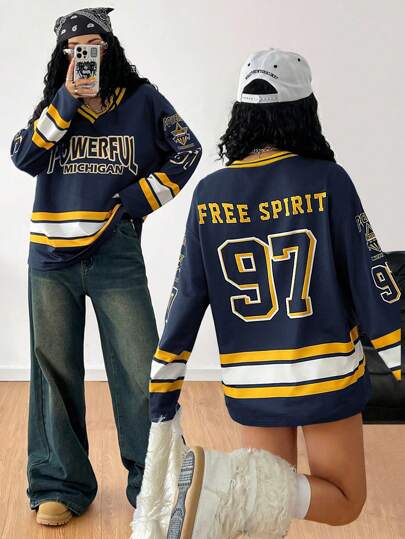 Coolane 女士秋冬休闲运动装数字图案黑色大码长袖平纹 T 恤