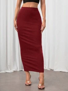 SHEIN Tall 纯色铅笔黑色修身半身裙 - 酒紅色 - 查看 4