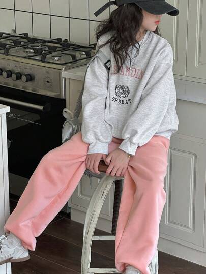 Dazy Kids 2pcs/Set Tween Girls Crew Neck Thermal Lined Sweatshirt And Sweatpants, Fall Outfit