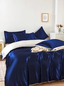 Bộ chăn ga gối đệm bằng vải satin lụa hai tông màu xanh navy trắng cao cấp 3 món, mềm mại, thoáng khí, không nhăn, tốt hơn cho giấc ngủ, phong cách khách sạn sang trọng, quà tặng cho bạn bè bố mẹ, chăn bông kèm vỏ chăn * 1 vỏ gối * 2 - Màu xanh hải quân - Xem 2