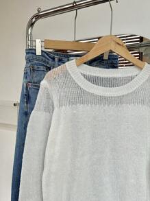 Chiquease Suéter sencillo de cuello redondo de manga larga y unicolor para mujer, uso diario casual - Beis - Ver 3