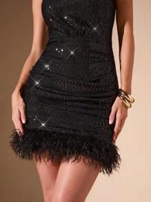 SHEIN BAE 女士万圣节派对低胸褶饰亮片羽毛紧身连衣裙 - 黑色 - 查看 5